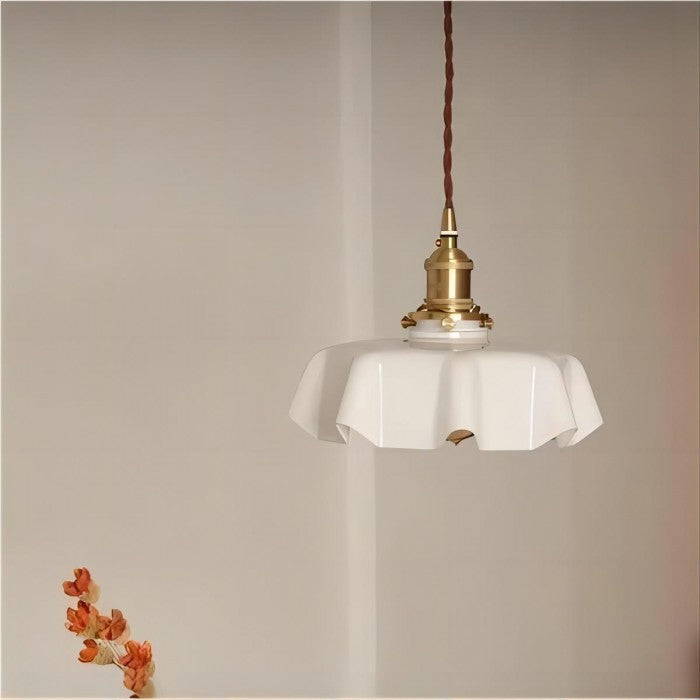 Cream Glass Pendant Light with Vintage Floral Accent and Warm Glow