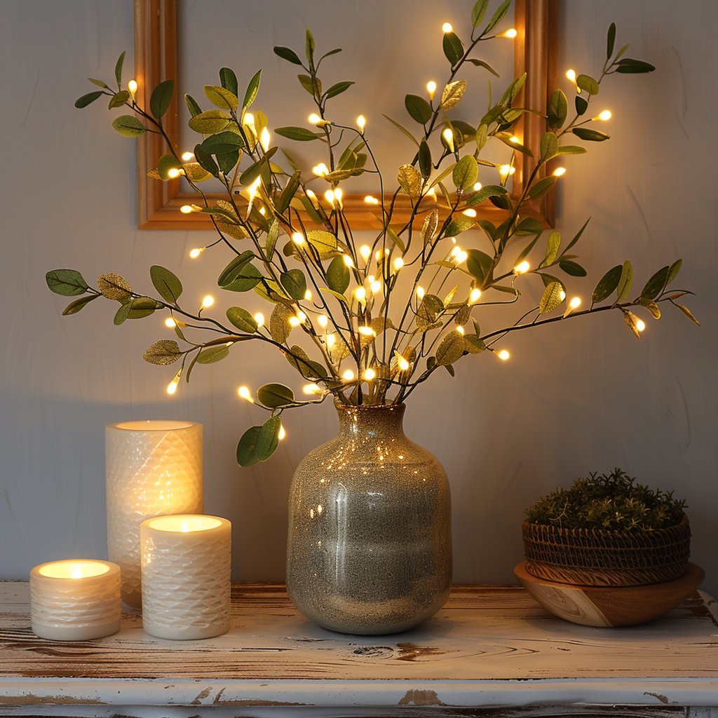 Warm LED Olive Branch Lights by VerdiGlow for Home Decor