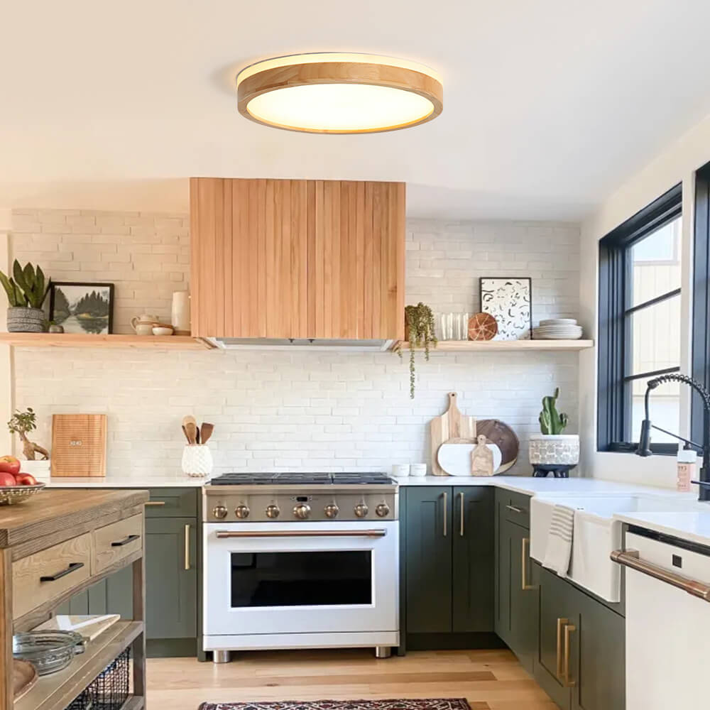 Flush-Mount Round Ceiling Fixture for Living Room | Dimmable LED With Wood Accent