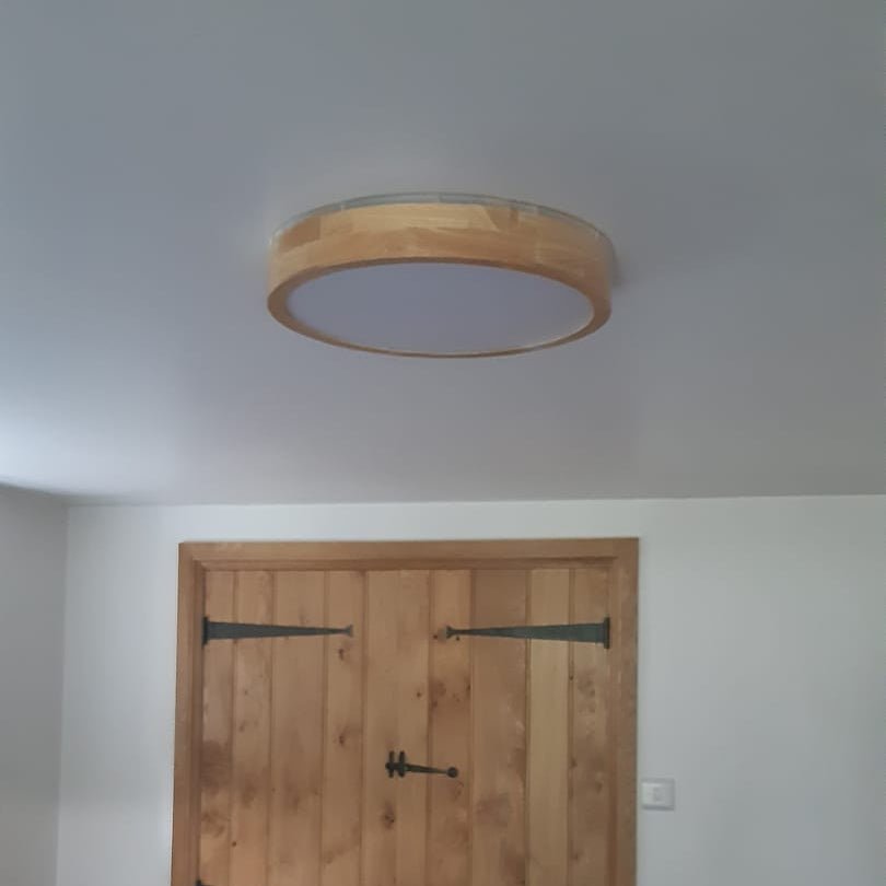 Flush-Mount Round Ceiling Fixture for Living Room | Dimmable LED With Wood Accent