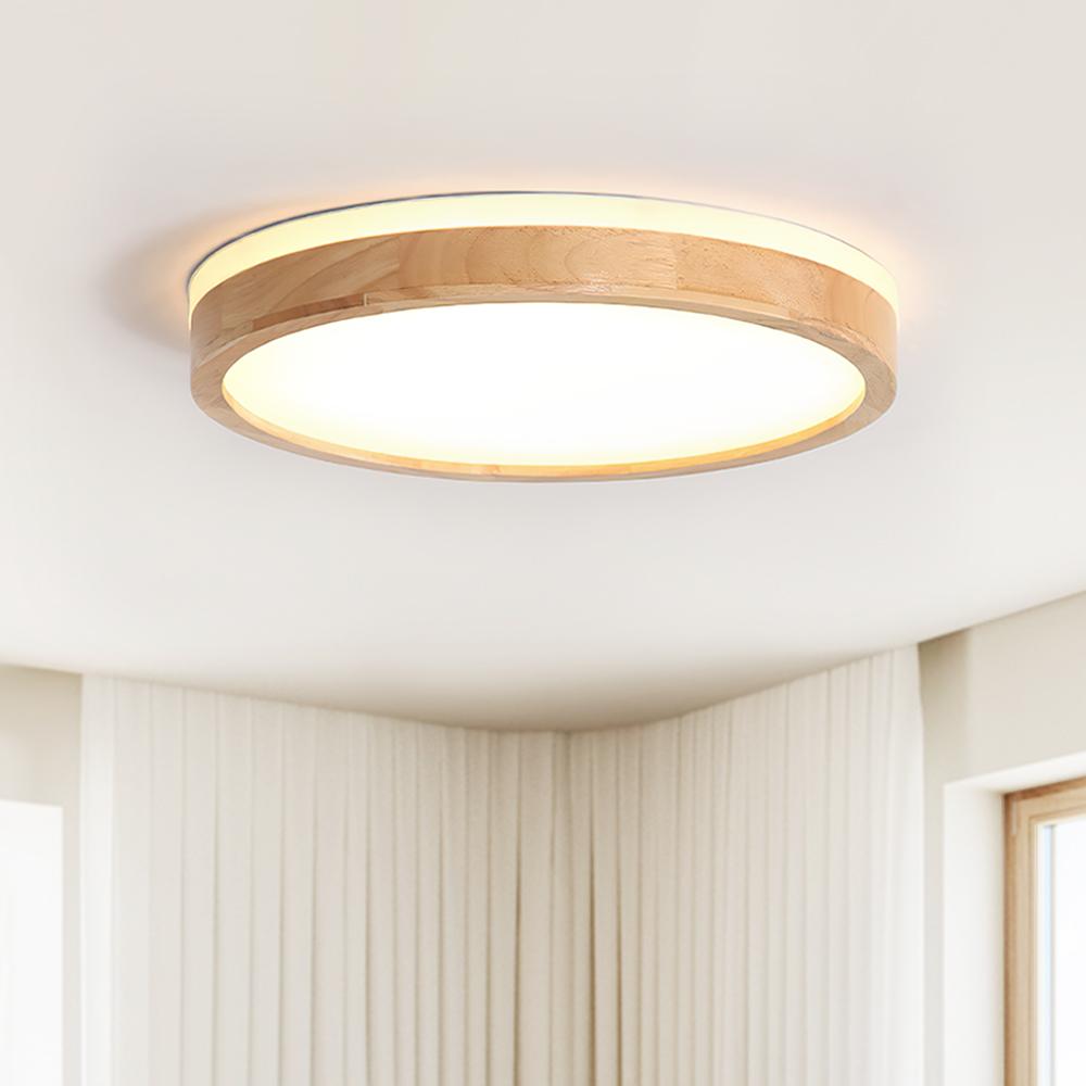 Flush-Mount Round Ceiling Fixture for Living Room | Dimmable LED With Wood Accent
