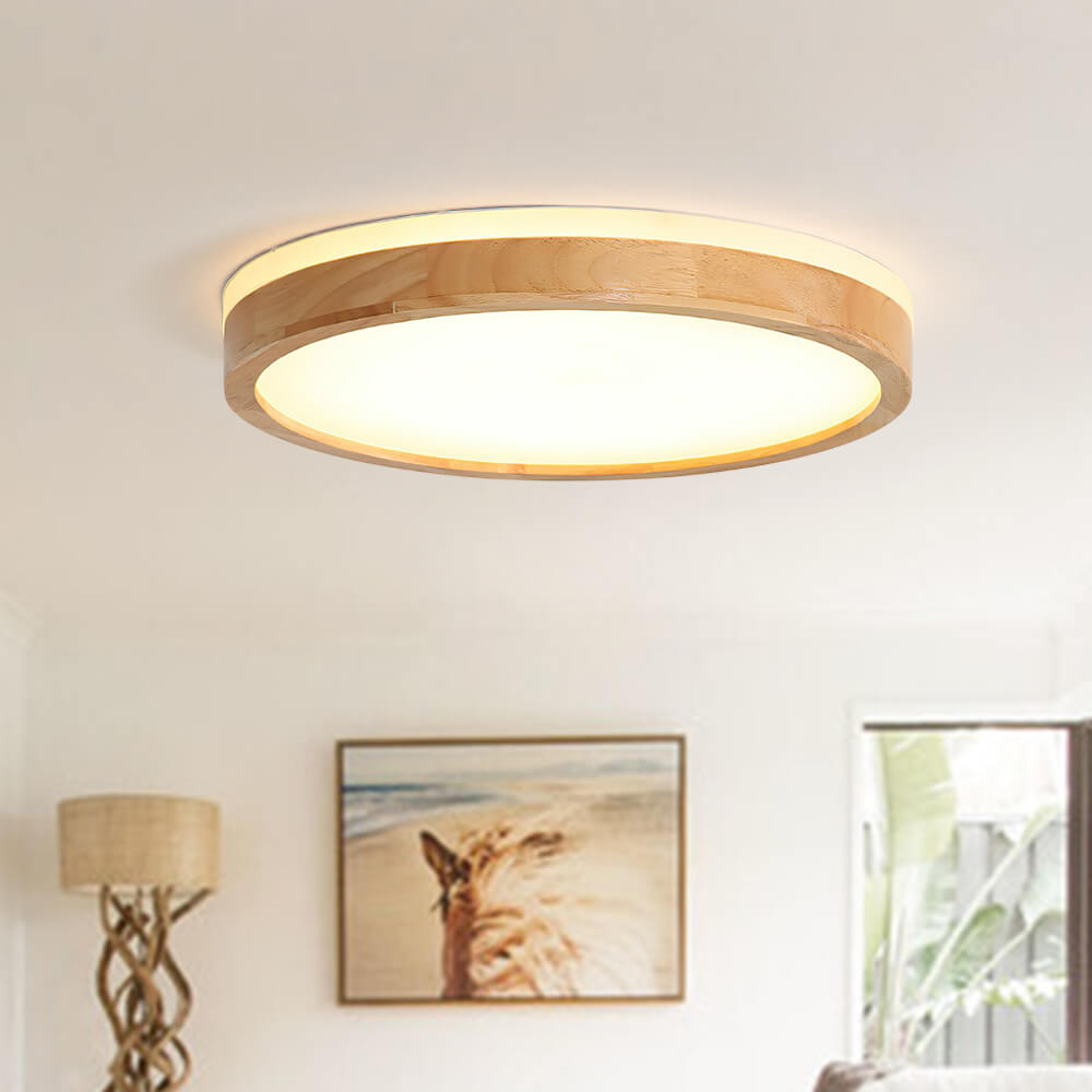Flush-Mount Round Ceiling Fixture for Living Room | Dimmable LED With Wood Accent