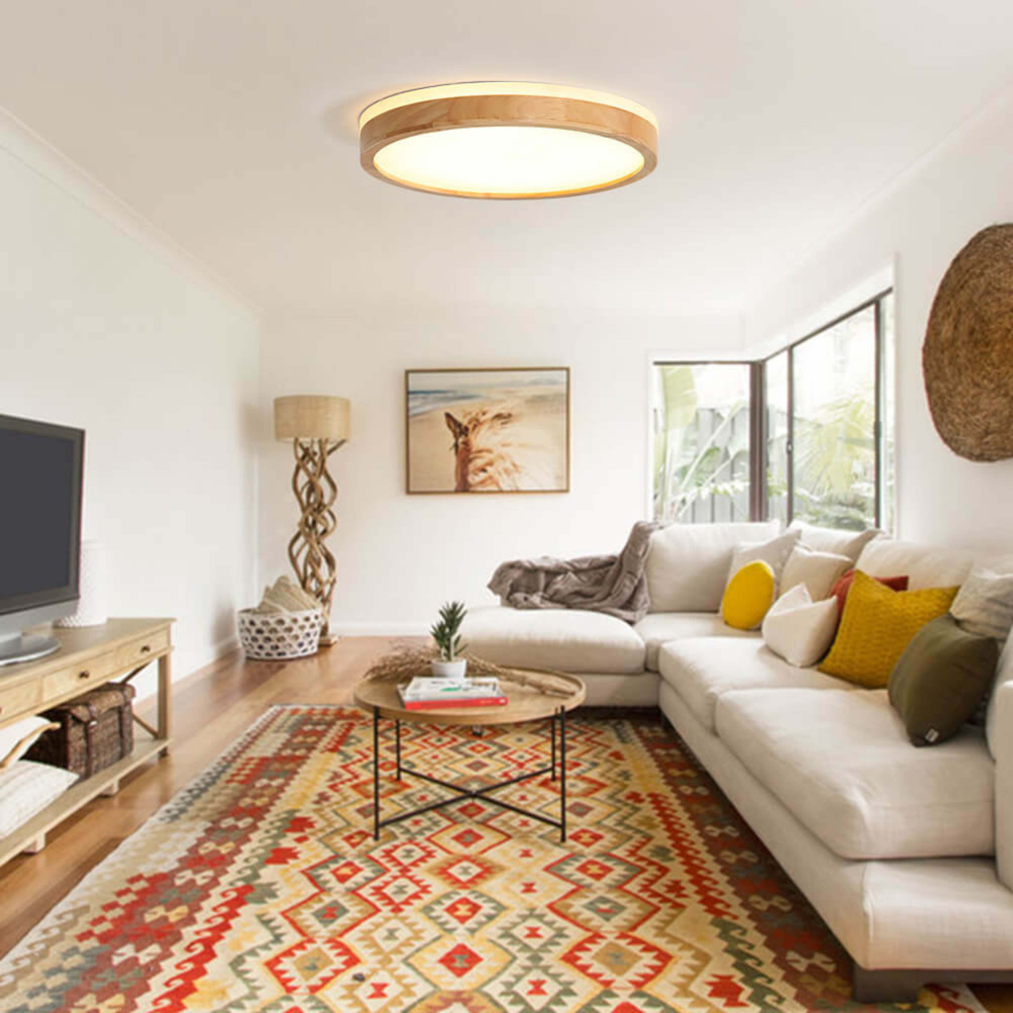 Flush-Mount Round Ceiling Fixture for Living Room | Dimmable LED With Wood Accent